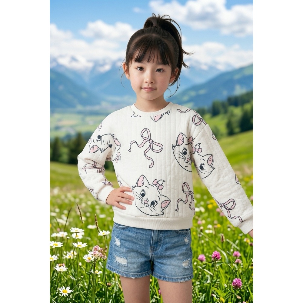 Disney Aristocats Marie Quilted Sweatshirt Girls Size 6X Cream Pink Bows Pullove